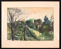 Élesdy István (1912-1987): Útban a falu felé, akvarell, papír, jelzett, paszpartuban, 30×42 cm