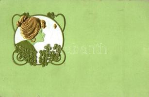 Lady, greeting card, Art Nouveau Emb., B.R.W. 453.