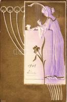 Lady with harp, greeting card, Art Nouveau Emb., golden card (pinhole)