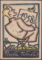 A. Tóth Sándor (1904-1980): Újévi üdvözlőlap (1958), színezett linómetszet, saját kézírással elküldve, 15x10cm