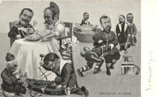 Spectacle du Jour / Nicholas II, Emile Loubet, Viktor Emanuel III, Wilhelm II; French-Russian alliance, satirical card (EK)