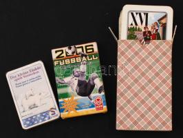 1 csomag 54 lapos kávéházi tarokk kártyapakli, saját dobozában + 1 csomag jegesmedvés kártyapakli, bontatlan csomagolásban + 1 csomag 2006-os futballos kártyapakli, saját dobozában