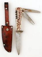 Vadászkés bőr tokban, agancsból készült nyéllel, h: 17,5 cm