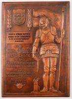 1952 Ausztria, Szent Flórián tűzoltó bronz emléklap vaslemez hátlappal / 1952 Austria St. Florian fire brigade bronze ornament 22x16 cm