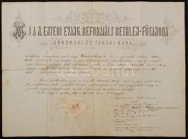1869 A Nagyenyedi Református Bethlen -Főtanoda (később Kollégium) által kiadott papi végzettségről szóló oklevél Keresztes József (1846-1888) részére, száraz pecséttel és a tanári kar eredeti aláírásával ( Hegedűs J., dr. Kovács Ödön, Kasza Dániel, Mihályi Károly, stb., Kersztes József később a Főtanoda teológia tanára lett, 42x57cm
