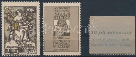 1914 Magyar Földrajzi Intézet 2 klf levélzáró + 10f adománybélyeg