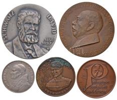 5db klf emlékérem, közte egy külföldi, Fritz Mihály (1947-) DN "Pedagógus Szolgálati Emlékérem" Br emlékplakett (42,5mm), Képíró Zoltán (1944-1981) 1975. "MÉE Keszthely - Schwarz Dávid 1850-1897 / Keszthely Város Nagyjai Sorozat III." ezüstpatinázott Br emlékérem (60mm) T:vegyes