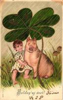 New Year, pig, child, clover, M.S.i.B. 13488. golden Emb. litho (small tear)