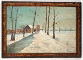 Bánsági jelzéssel: Havas téli úton, olaj, vászon, fa keretben, 39,5×59,5 cm