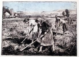 Orosz Gellért (1914-2002): Kapálók, rézkarc, papír, jelzés nélkül (eredetiségigazolással), 28,5×39,5 cm