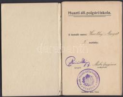 1910-1914 A huszti állami polgári iskola ellenőrzőkönyve, benne érdekes bejegyzésekkel, igazolássokkal