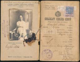 1923 Kitöltött, fényképes szolgálati cselédkönyv, rányomott pecsét töredékével, az igazolványi részben több érdekes bejegyzéssel
