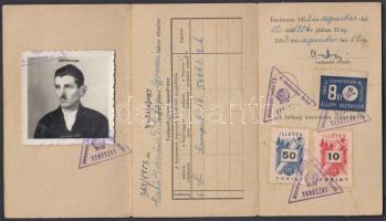 1953 Kitöltött, fényképes vadászati jegy, illetékbélyegzésekkel