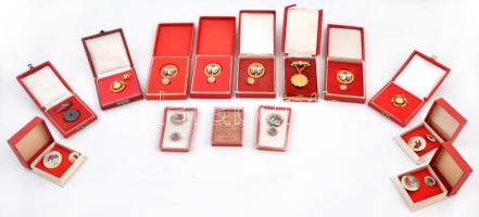 14db vegyes kiváló dolgozó kitüntetés, mindegyik tokokban, közte "A Könnyűipar Kiváló Dolgozója", "Az Ipari Szövetkezet Kiváló Dolgozója", közte "Fővárosi Felvonójavító Vállalat - 30 éve a lakosság szolgálatában" fém plakett eredeti tokban (70x48mm) T:vegyes