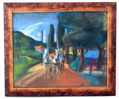 Jándi jelzéssel: Lovaskocsival az úton, olaj, papír, plexizett fa keretben, 35×43,5 cm