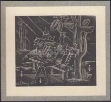 Csabai Ékes Lajos (1896-1944):Art deco hölgyek padon (cca 1920), fametszet kartonra kasírozva,dúcon jelzett, papír,11x12cm