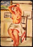 Jelzés nélkül: Női akt, akvarell, papír, szélein sérülésekkel, 36,5×25,5 cm