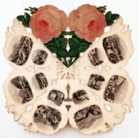 cca 1860 Bad Gastein és környéke litho képekkel illusztrált, kihajtható levél formájú üdvözlőlap, egy két kis szamárfüllel / Bad Gastein and area greeting card with litho images