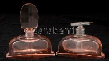 Anyagában színezett rózsaszín parfümös üvegek, 2 db, apró csorbákkal, 12x14 és 12x9 cm