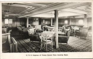C.P.O.S. RMS Empress of France, second class smoking room, interior, C.P.O.S. RMS Empress of France, másodosztály dohányzó szobájának a belseje.
