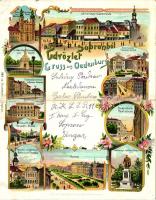 Sopron, Várkerület, Deák tér, Színház tér, Reáliskola, Kossuth és Erzsébet út, Gyalogsági laktanya, Kaszinó, Városháza, Széchenyi szobor, floral, Art Nouveau litho, kihajtható lap / folding card (r)