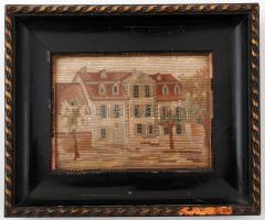 Házrészlet gobelin kép, sérült antik keretben, 15×21 cm