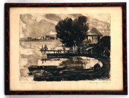 Csurgói Máté Lajos (1931-2001): Halásztanya. Rézkarc, papír, jelzett, üvegezett keretben, 23×31 cm