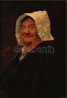 Olvashatatlan jelzéssel: Idős hölgy portré. Olaj, farost, keretben, 24×17 cm