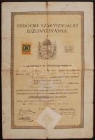 1923 Bp., Sikeres erdőőri szakvizsga elvégzéséről kiállított bizonyítvány szárazpecséttel