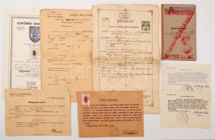1942-1947 M. kir. 4. honvéd kiegészítő kirendeltség által kiállított katonai igazolványi lap egyéb iratokkal, közte izraelita vallásról való áttérési bizonyítványokkal, szegénységi bizonyítványokkal