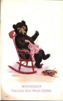 Wednesday, This little bear mends clothe; American postcard Busy Bears Series Number 79. s: Wall (wet damage)