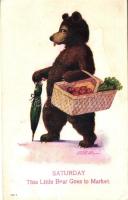 Saturday, This little bear goes to market; American postcard Busy Bears Series Number 79. s: Wall (EB)