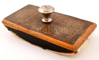 cca 1900 Pécs Horváth és Társa Elektrotechnikai és műszaki vállalata,  szecessziós tapper, fa-fém, réz lemezzel, 16×9 cm