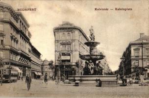 Budapest VIII. Kálvin tér, Magyar Lámpagyár áruháza, villamosok (ázott / wet damage)