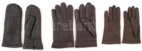 Kesztyűk: 2 ujjas, nappa, női, méret:7,5, 5 ujjas kesztyűk 2 pár az egyik női, bőr, a másik férfi, műbőr, méret:L