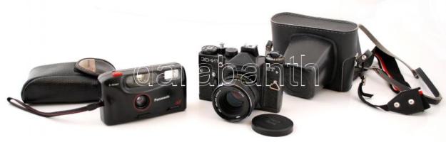 2 db fényképezőgép: Panasonic C-425AF automata fényképezőgép tokban, jó állapotban; Zenit ET fényképezőgép MC Helios 44M-4 2/58 lencsével, jó állapotban
