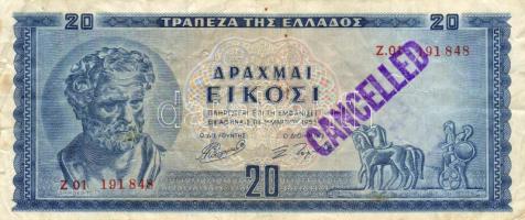 Görögország 1955. 20Dr "CANCELLED" érvénytelenítő bélyegzővel T:III