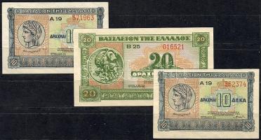 Görögország 1940. 10Dr (2x) az egyiken látványos papírránc + elő- és hátlapi nyomás felfelé csúszva + 20Dr T:I