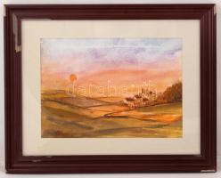 Jancsó Tibor (1951-): Napnyugta. Akvarell, papír, jelzett, üvegezett sérült keretben, 24×33 cm