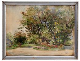 Csapó jelzéssel: Park részlet. Akvarell, papír, több helyen foltos, üvegezett keretben, 60×80 cm