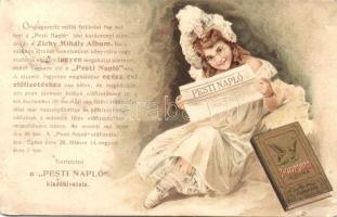 Pesti Napló előfizetés; Zichy Mihály albuma ajándék, reklám / Hungarian newspaper advertisement, girl, litho (EB)