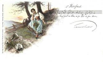 Herzlad / Austrian folklore, folk song, music sheet, Rafael Neuber; Strumm und Strobl advertisement on the backside s: E. Döcker, Osztrák népdal, hirdetéssel a hátoldalán s: E. Döcker