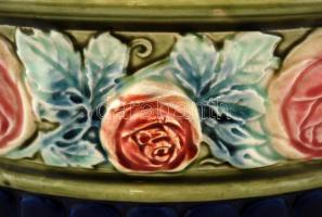 Szecessziós nagy kaspó, kézzel festett mázas fajansz, formaszámmal, apró csorbával az alján, m:25 cm...