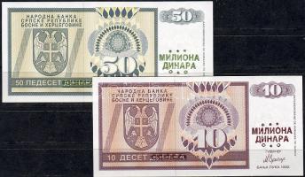 Bosznia-Hercegovina/Szerb Köztársaság 1992. 10D + 50D "MILIONA DINARA" fny-sal, kiadatlan bankjegyek T:I