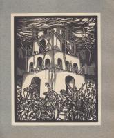 Divéky József (1887-1951): Bábel tornya,  fametszet, papír, jelzett a metszeten, kartonra ragasztva, 19,5x15,5 cm
