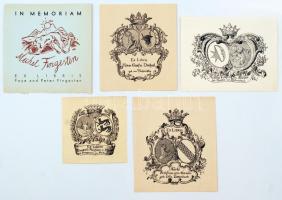 Gise Hohenlohe [Katharina "Kitty" von Gise, née Hohenlohe-Waldenburg-Schillingsfürst] (1868-1952): 4 db ex libris, klisé, papír, jelzett a klisén, különböző méretben + Peter Fingesten (1918-1987): In memoriam Michel Fingesten ex libris, papír, klisé, jelzett a klisén, 11×11 cm