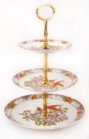 MZ három szintes süteménykínáló, matricás, jelzett, hibátlan, réz szerelékkel, eredeti dobozzal, m:36 cm, d:27 cm