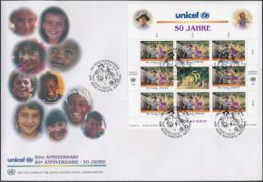 50th anniversary of UNICEF minisheet set on 2 FDC, 50 éves az UNICEF kisívsor 2 FDC-n