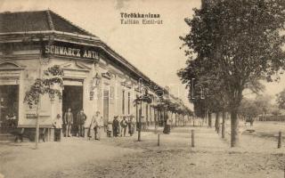 Törökkanizsa, Novi Knezevac. Tallián Emil út, Schwartz Antal kereskedése; saját kiadása / street with shop