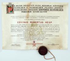 1940 Bp., A Magyar királyi József nádor műszaki és mezőgazdasági egyetem által kiadott mezőgazdasági diploma függőpecséttel